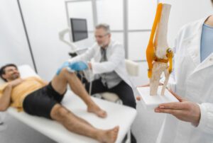 A specialist in ACL rehabilitation holds a knee model during a consultation and the scanning of an injured man's knee in the ultrasound room.