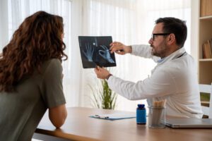 A friendly and informative conversation about an x-ray, between an orthopedic doctor for hands and a patient.